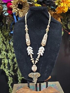 OOAK Ivory & Beige Carved Bone Beaded Elephant Pendant Necklace/ Hand Made